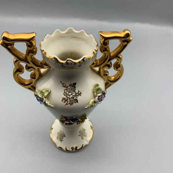 Vintage Elpa Alcobaca Gold Trimmed Floral Bud Vase Made in Portugal 6" High - Picture 3 of 13